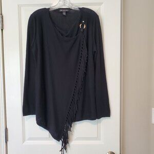 Cute with Tall Boots! Macys INC Black Fringe Gold Buckle Sweater Misses Large